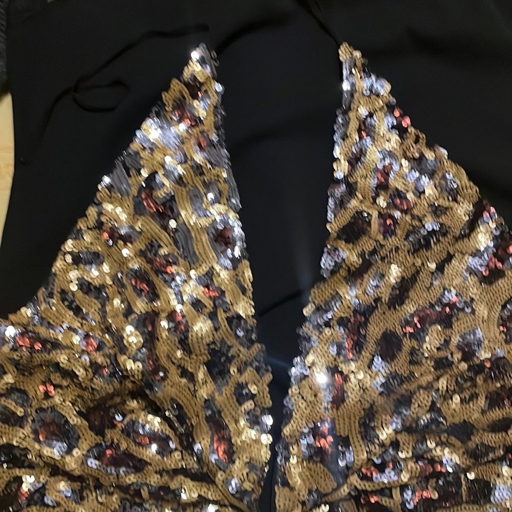 Ornate leopard print sequence cocktail party dress